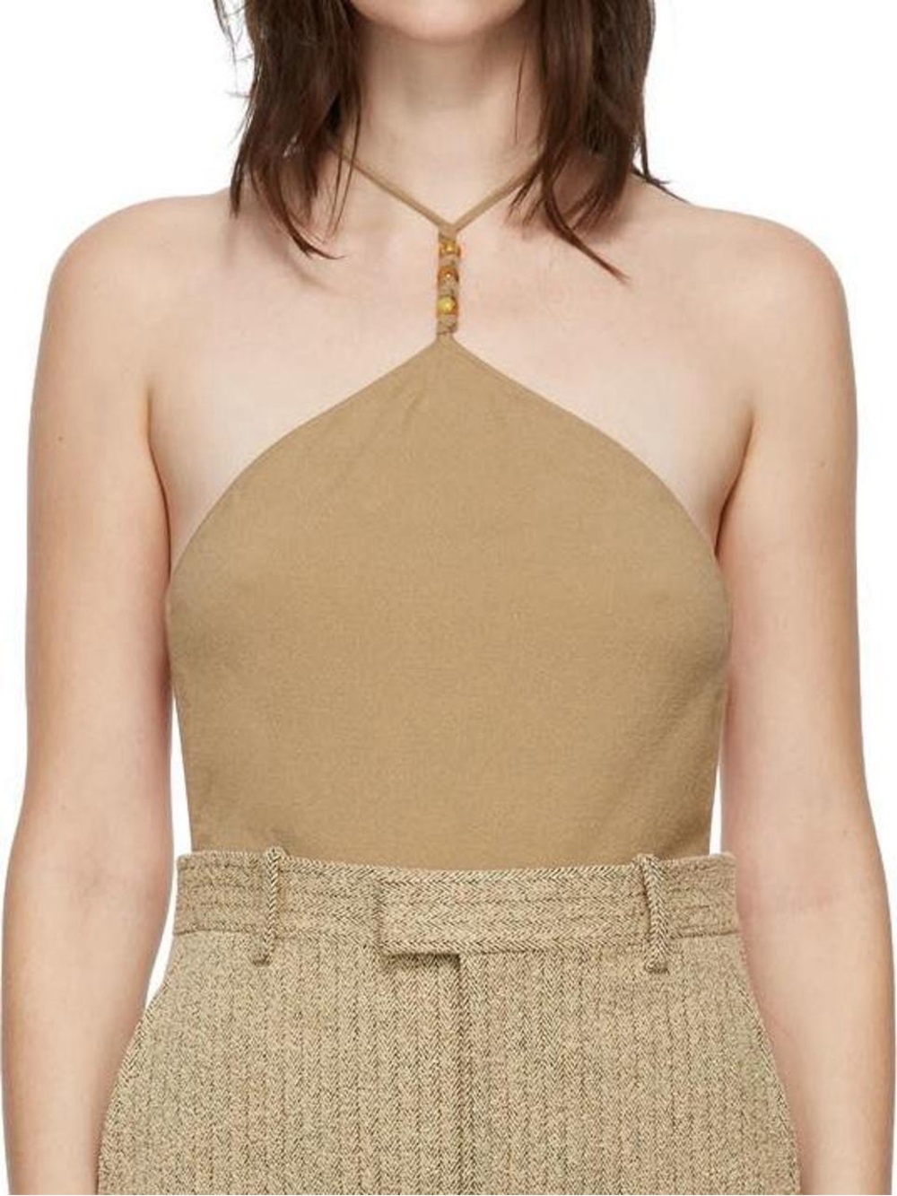 Bottega Veneta Camel Halter Bodysuit with Bead Accent